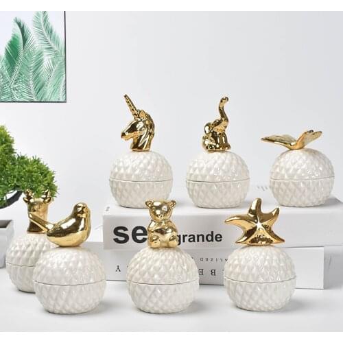 Modern Electroplating Golden Animal Ceramic Candy Jar Wedding Holiday Decoration Jewelry Small Object Storage Box Art Home Decor