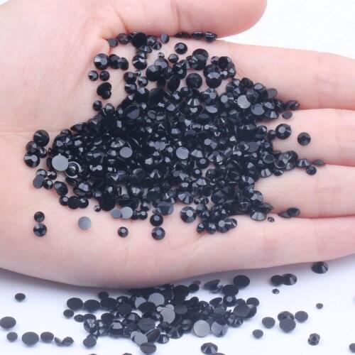 Jet Black Glue On Resin Rhinestones 2-6mm Round Flatback Non Hotfix Facets Crystals And Stones DIY Nails Art Phone Cases