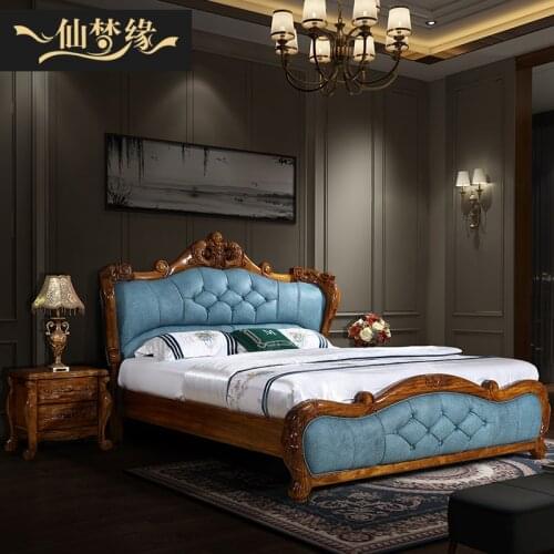 Dark wood leather double bed villa atmosphere solid wood bed master bedroom big bed wedding bed luxury American bed