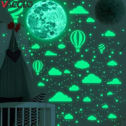 Vacclo Moon Dot Cloud Hot Air Balloon Cartoon Fluorescent Stickers Childrens Room Decoration Stickers Luminous Wall Stickers