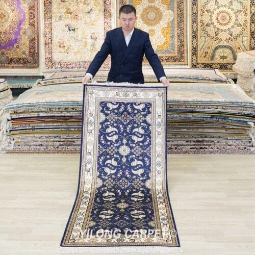 YILONG 2.5x6' Blue Hallway Silk Rug Runner Lobby Handmade Corridor Carpet (YJH236AB)