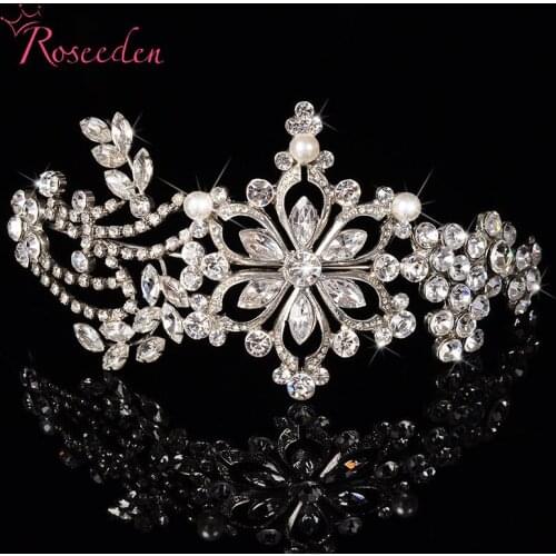 Womens Rhinestone Crown Hairband Vintage Crystal Bridal Tiara Wedding Accessory Party Pageant Flower Jewelry Silver Plated RE106