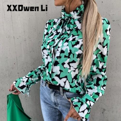 Fall 2021 Stand Bow Lantern Sleeve Shirt Top Winter Womens Butterfly Print Ruffles Yellow Shirt Woman Casual Buttons Shirt