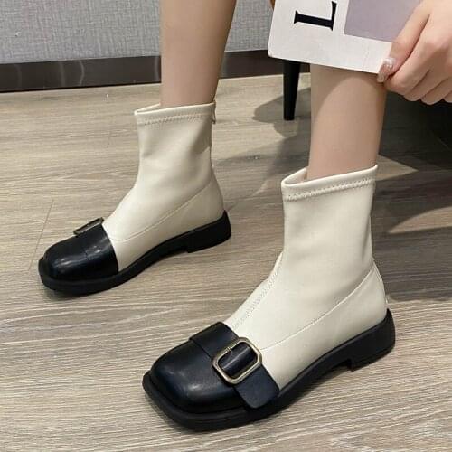 2021 Fashion Ankle Boots for Women Mix Color Low Heel Boots Woman Pu Leather Autumn Buckle Square Toe Booties Mujer