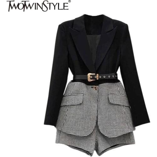TWOTWINSTYLE Korean Patchwork Plaid Two Piece Set For Women Lapel Long Sleeve Sashes Blazer Wide Leg Shorts Casual Sets Female