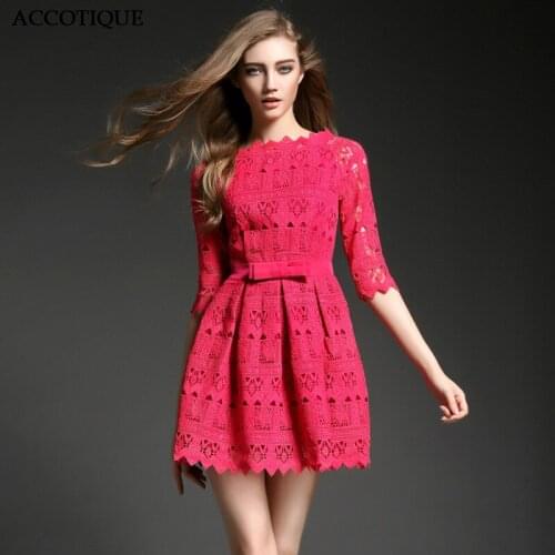 Fashion Embroidery Womens Spring Hollow Out Rose Color Short Sleeve Dress Female Slash Neck Cute Slim Solid Dresses