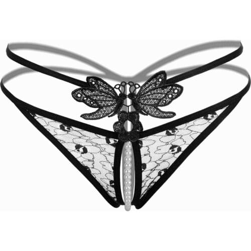 Women Sexy Lingerie Open Crotch Panties Porn Floral Lace Underwear Crotchless Flirty Strappy G-string With Cute Butterfly&Pearl