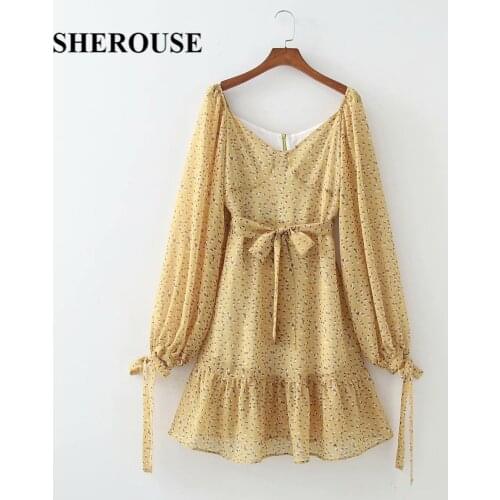 2021 Vintage Printed Dress with Sashes Women Long Lantern Sleeves V-neck Back Zip Casual Short Dresses Woman Robe