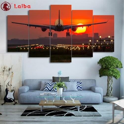 5D DIY Diamond Painting Natural scenery, sunset airplane Hot selling home art cross stitch full diamond embroidery5pcs