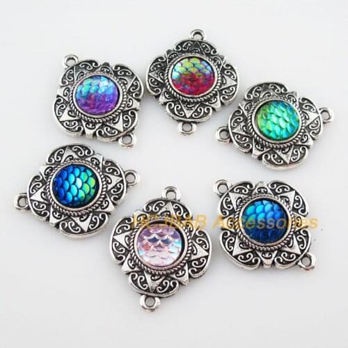 6 Scales Resin Connectors Flower Mixed Charms Tibetan Silver Pendants 23.5x30mm