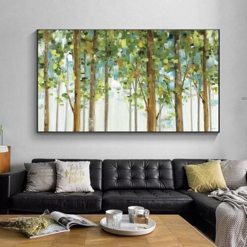 Abstract Green Woods Forest Oil Painting on Canvas White Birch Posters and Prints Wall Art for Living Room Decoratin Pictures