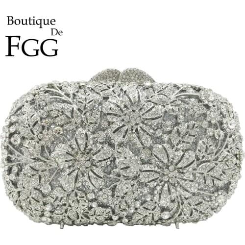 Boutique De FGG Elegant Women Flower Clutch Silver Evening Purses and Handbags Wedding Rhinestone Handbags Bridal Party Bags