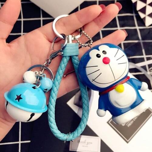 Cartoon Doraemon Anime Figure Leather Rope Bell Kids Princess Spiderman Keychain Model Toy Boys Girls Birthday Gift