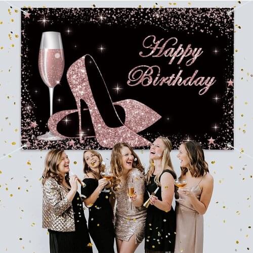 Pink and Black Happy Birthday Photography Backdrop Glitter Sequin High Heels Champagne Glasses Red Rose Women Party Background