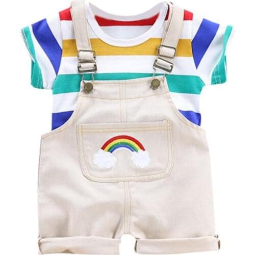 Ins Baby Clothes Summer Kids Short Sleeve Stripe Print Tops Blouse T-shirt+Suspender Pants Children Casual Outfits Sets For Kids