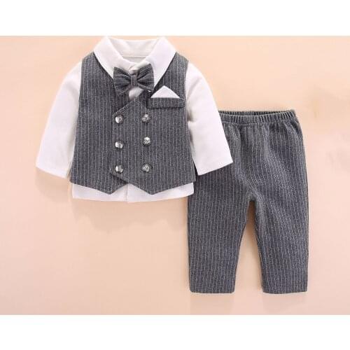 Newborn Baby Boy Formal Clothes Set Bow Wedding Birthday Boys Outfits White T Shirt Vest Pant 3Pcs Toddler Gentleman Outfit Suit
