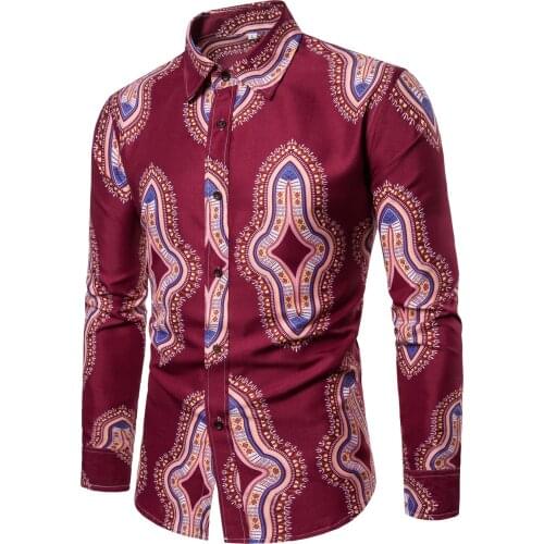 Red Men African Clothes Camisa Masculina Nice Fashion African Dashiki Print Shirt Men Slim Fit Long Sleeve Mens Dress Shirts XXL