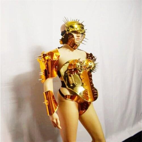 KS76 Gold mirror armor outfits catwalk perform wears rivet headpiece stage costumes ballroom dance show bodysuit robot suit sexy