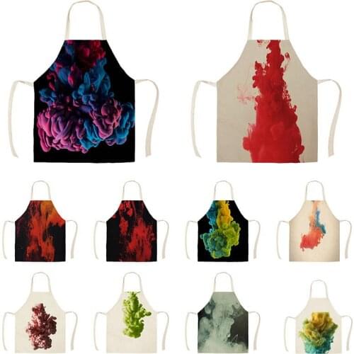 Colroful Water Pigment Pattern Kitchen Aprons for Women Cotton Linen Bibs Household Cleaning Accessories Cooking Apron WQTX60