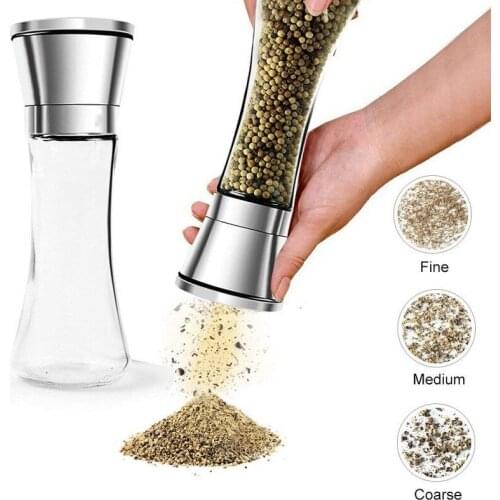 NEW 1PCS Fashion Stainless Steel Mill Glass Body Spice Salt and Pepper Grinder Kitchen Accessories Cooking Tool Portable