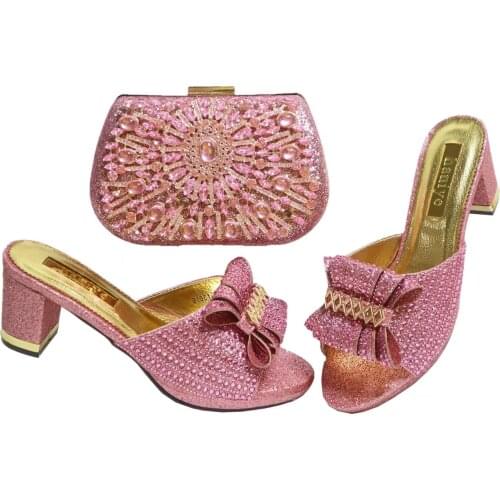 Nerigan New Arrival Italian Design Fashion Crystal and Appliques Style Women Shoes and Bag Set in Gold Color for Party