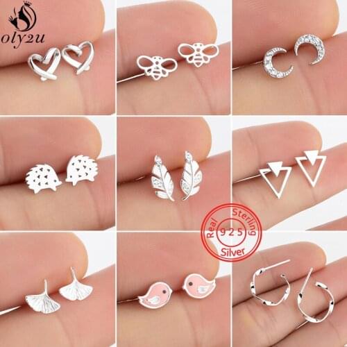 Real 925 Sterling Silver Animal Earrings Stud for Women Kids Everyday Jewelry Cute Birds Moon Leaf Earings Jewlery Accessories