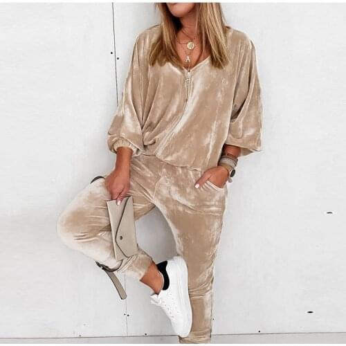 Spring Velvet Tracksuits Two Piece Set Women V Neck Zipper Sweatshirts Hoodies And Autumn Winter Long Pants Warm Sweatsuits
