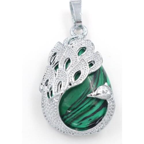 YJXP Ethnic Silver Plated Malachite Stone Peacock Shape Pendant Water Drop Jewelry