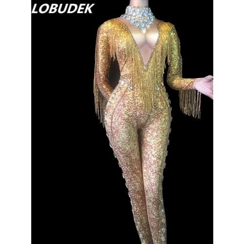 Zentai Female Stage Wear Gold Rhinestones Tassels Jumpsuit Sexy Stretch Long Sleeve Bodysuit Singer Party Bar Prom DS Costume