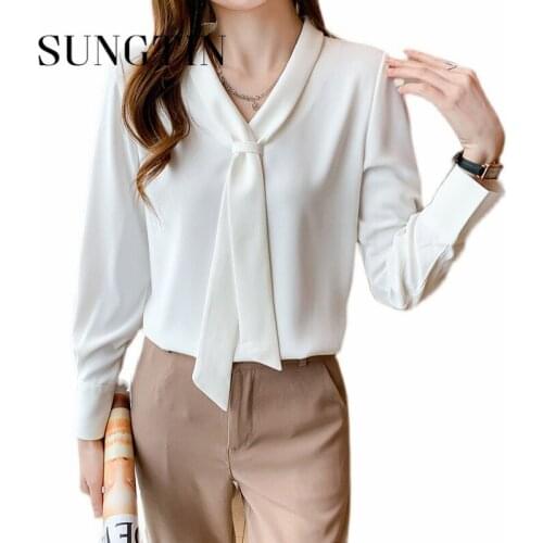 Sungtin French Elegent Chiffon Blouse Women Retro V-Neck Work Female Shirt Office Ladies Blouse Long Sleeve White Tie 2021 Chic