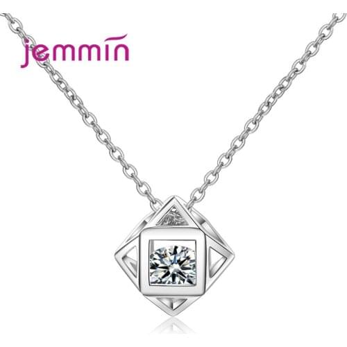 Women 925 Sterling Silver Chain Necklaces Pandants Korean Style Square Love Cubic Zircon Necklaces Wedding Birthday Jewelry Gift