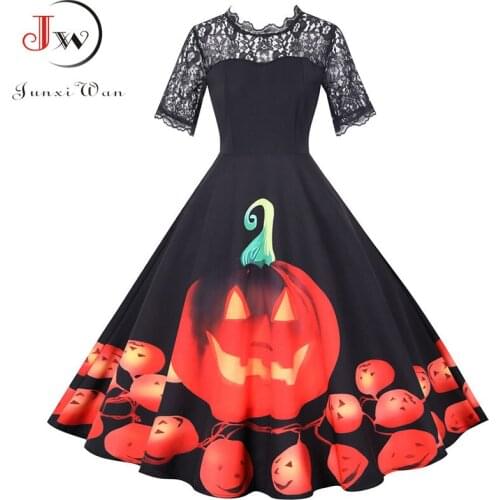 Women Halloween Dress Short Sleeve Pumpkin Print Vintage Casual Plus Size Elegant A-Line Party Lace Dresses Vestidos Plus Size