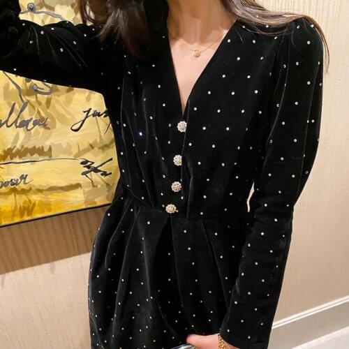 40# Winter Polka Dot Dresses Womens Romantic Style Retro Black V-Neck Velvet Dress Button Vintage sweet long dress femme robe