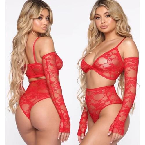 ZZSYKD Red Sexy Deep V Hot Erotic Lingerie Sets Lace Garter Belt Panty And Push Up Bra Set Y2k Fashion Cute Girls 3Pcs Underwear