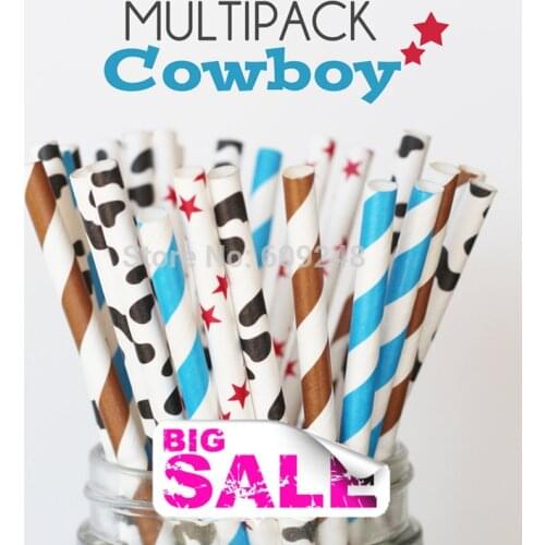 100pcs Mixed Colors COWBOY Themed Cute Paper Straws,Blue and Brown Striped, Red Star, Black Cow, Birthaday