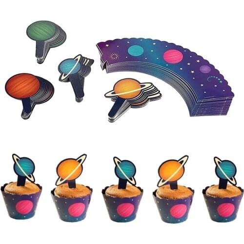 12Pcs Solar System Cupcake Topper And Galaxy Cake Wrappers For Baby Shower Boy Outer Space Theme Birthday Party Decoration