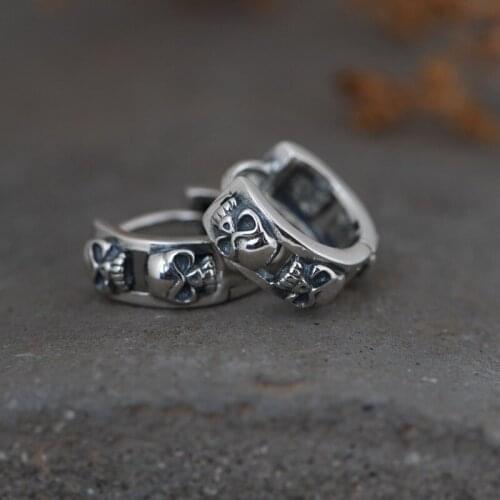 Solid S925 pure silver retro craft silver female earrings 1 pair simple skull Thai silver Man earrings 2021 New