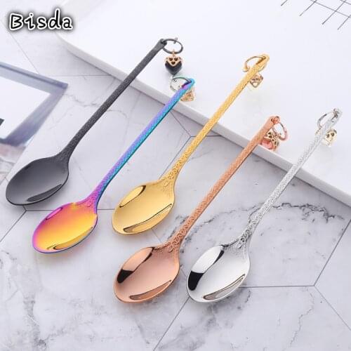 5 Pcs/Set Tea Coffee Honey Dessert Spoon Metal 18/10 Stainless Steel Childrens Spoon with Beautiful Pendant Colorful Cutlery