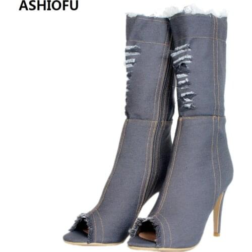 ASHIOFU Handmade New Womens Mid-heel Boots Denim Leather Autumn Peep-toe High Heel Boots Sexy Club Party Prom Fashion Boots