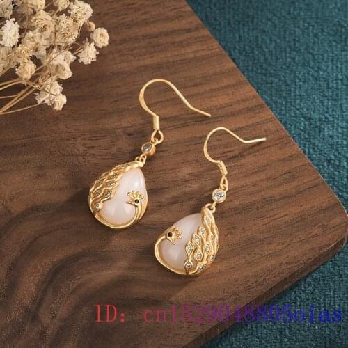 White Jade Peacock Earrings Women Jewelry Natural Zircon Amulet Chalcedony Fashion 925 Silver Gifts Charm Crystal Gemstone