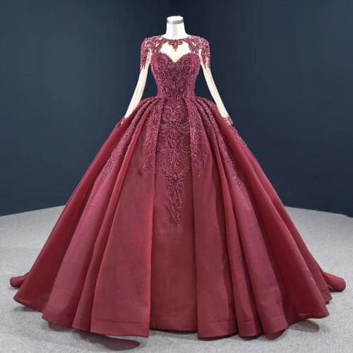DD JYOY Elegant Ball Gown Evening Dress Long Sleeve Luxury Lace Beads O Neck Lace Up Back Satin Long Prom Party Gown Lace Up