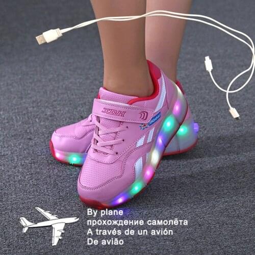 28-40 Pink Black USB Charging Fashion Girls Boys LED Light Roller Skate Shoes For Children Kids Sneakers With Wheels One wheels