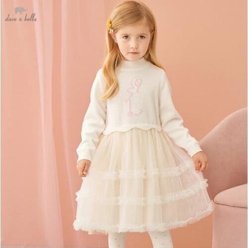 DKY19588 dave bella autumn girls fashion letter solid print draped dress children sweet dress kids infant lolita clothes