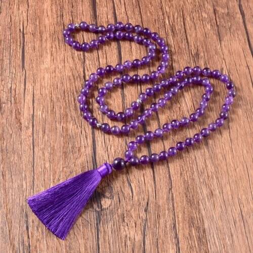 Handmade High Quality Natural Ametyst with Tassel Long Necklace Healing 108 Mala Prayer Beaded Reiki Buddhist Jewelry Purple