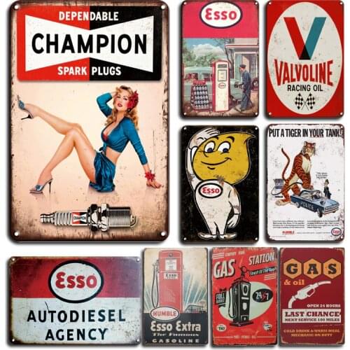 Esso Extra Motor Oil Metal Tin Sign Vintage Champion Spark Plug Tin Plate Sign Retro Gas Station Decor Personalized Metal Plaque