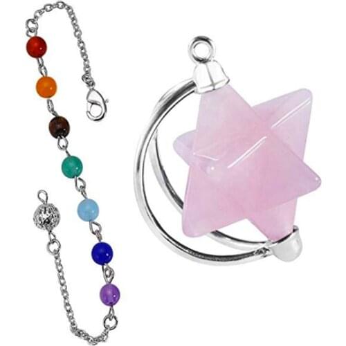 FYJS Unique Silver Plated MerKaBa Natural Rose Pink Quartz Pendant with Stone Beads Chain Jewelry