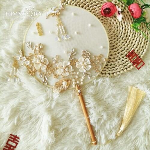 HIMSTORY Retro Chinese Silk Fan Embroidery Dance Fans Wedding Bridal Bouquet Fans Favors and Gifts Chinese Styl
