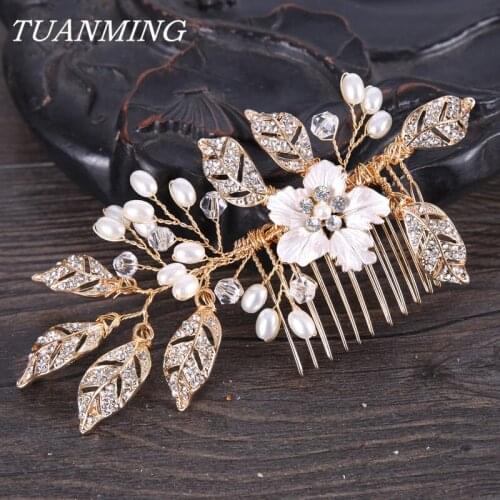 Crystal Hair Comb Wedding Hair Accessories Bridal Pearl Hair Combs Golden Flower Headband Comb For Hair Women