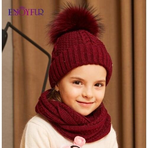 ENJOYFUR winter hat and scarf set for girls high quality Cotton knitted soft hat girl thick boy caps children warm hat set