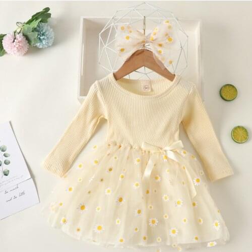 Toddler Summer Clothes Sweet O-Neck Long-Sleeves Dress with Daisy Printing Hemline + Bow Hairband for Little Girl 1-6 Years